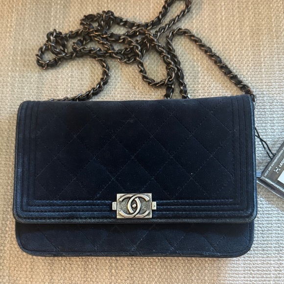 CHANEL Handbags - CHANEL Navy velvet boy bag. Crossbody Bag+Vintage